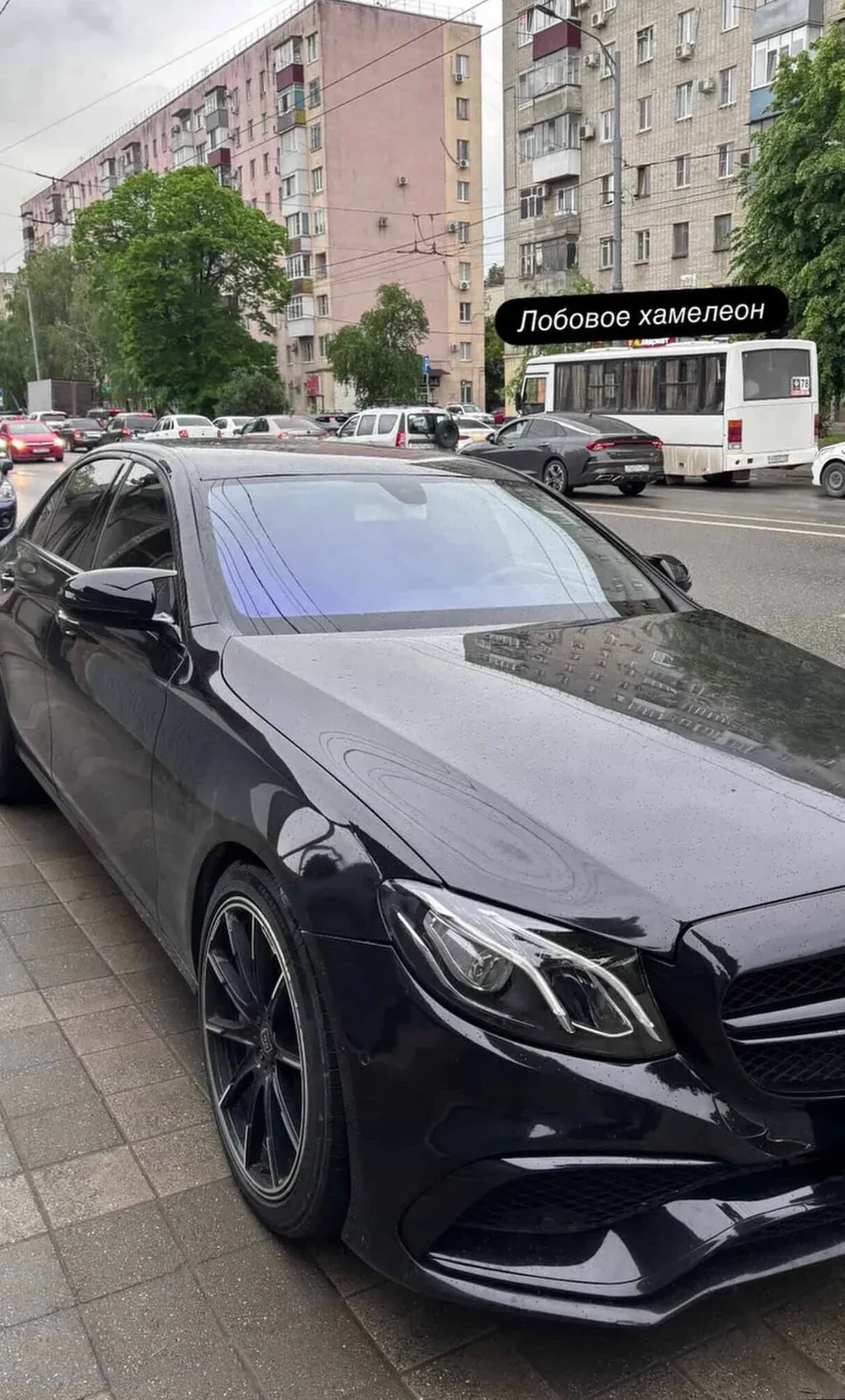 Автомобиль с синей плёнкой хамелеон на лобовом стекле